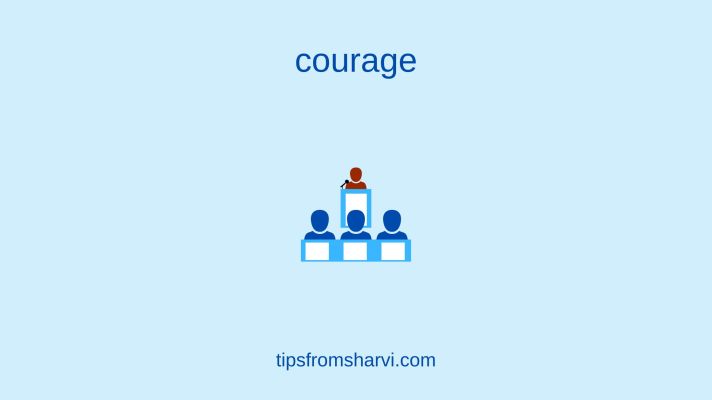 Public speaking. Text: courage, tipsfromsharvi.com.